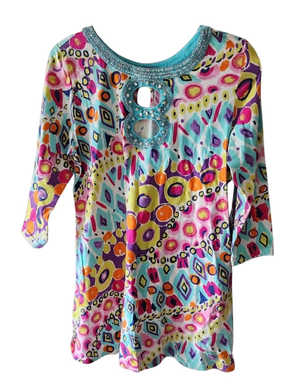 Joyous & Free Vibrant Boho Embellished Women’s Multicolor Keyhole Tunic Top